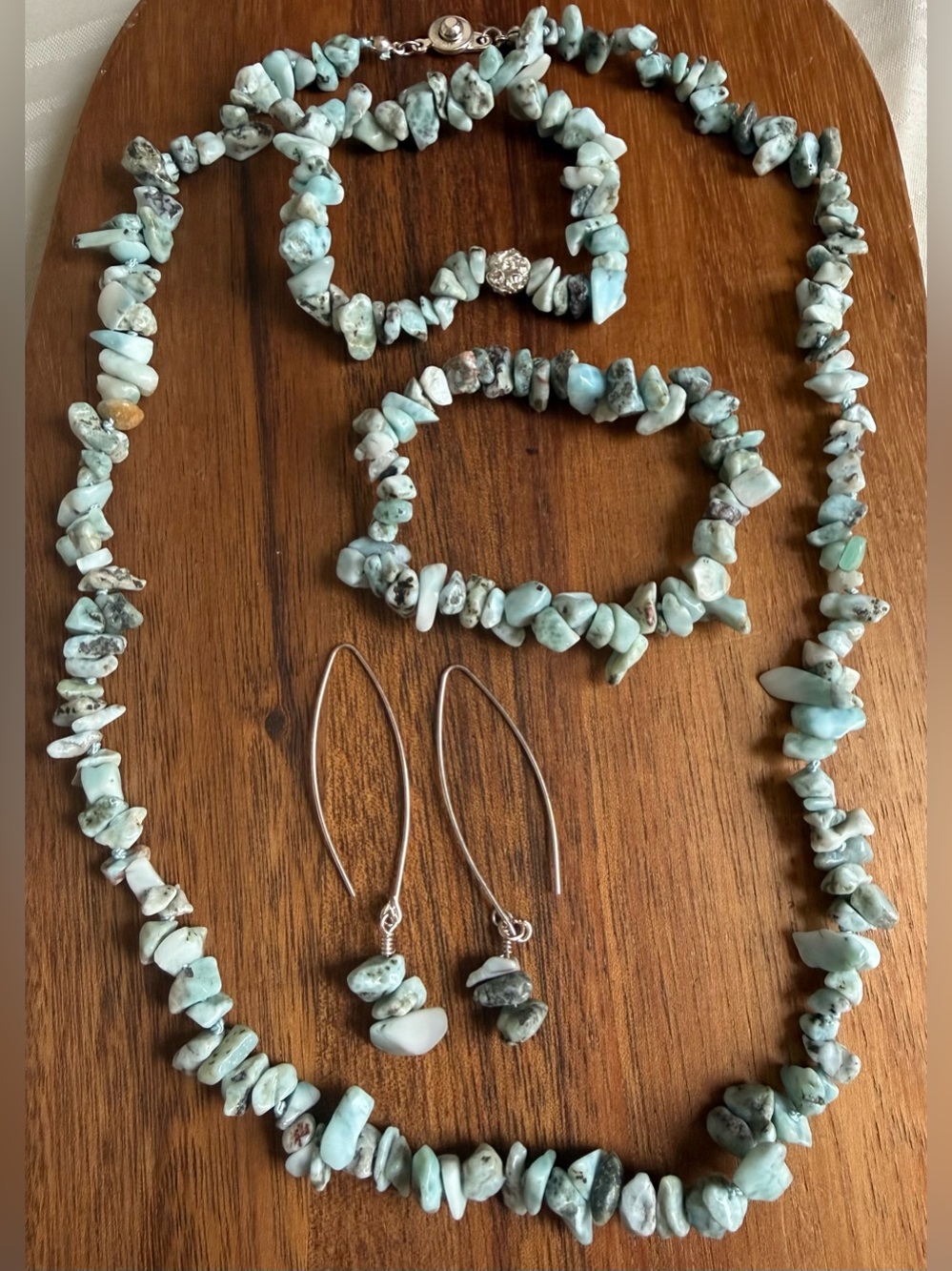 Handmade Larimar Chip Jewelry Set Light Blue Necklace Stretch Bracelet, Earrings - Picture 2 of 6